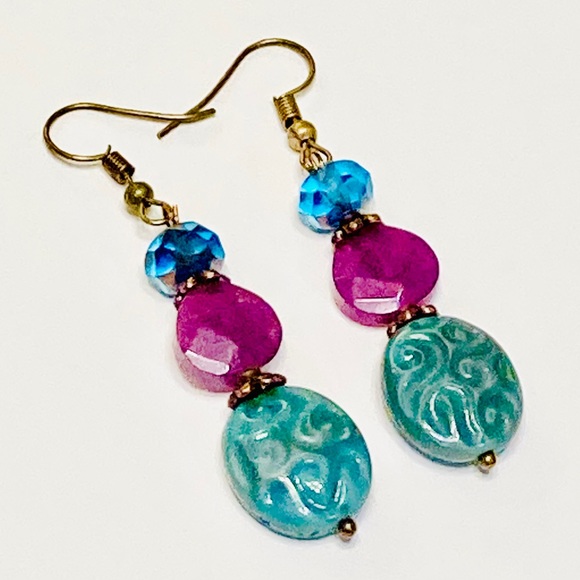 Azure Crystal Purple Lepidolite Stone & Teal Green Czech Glass Relief Earrings - Picture 7 of 7